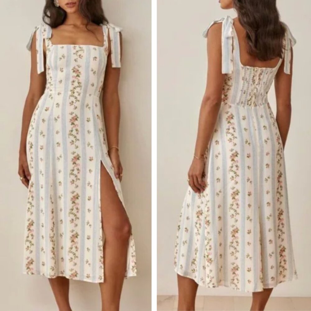 Reformation Twilight Midi Dress Sz4 Surrey Blue Cream Floral Stripes Cocktail - Picture 2 of 9